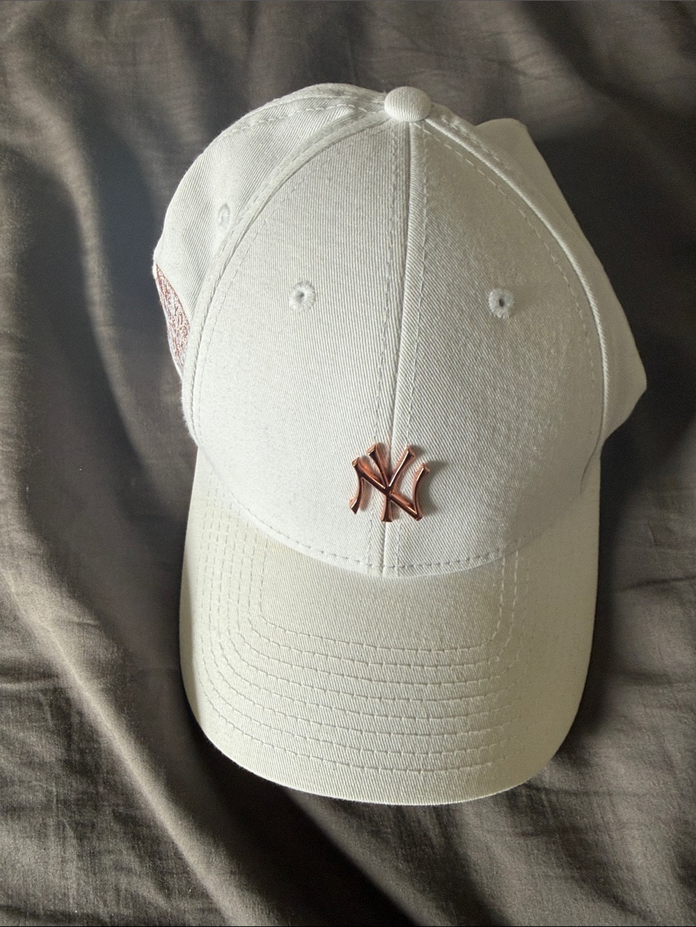 New Era White Baseball Cap with Rose Gold NY Emblem